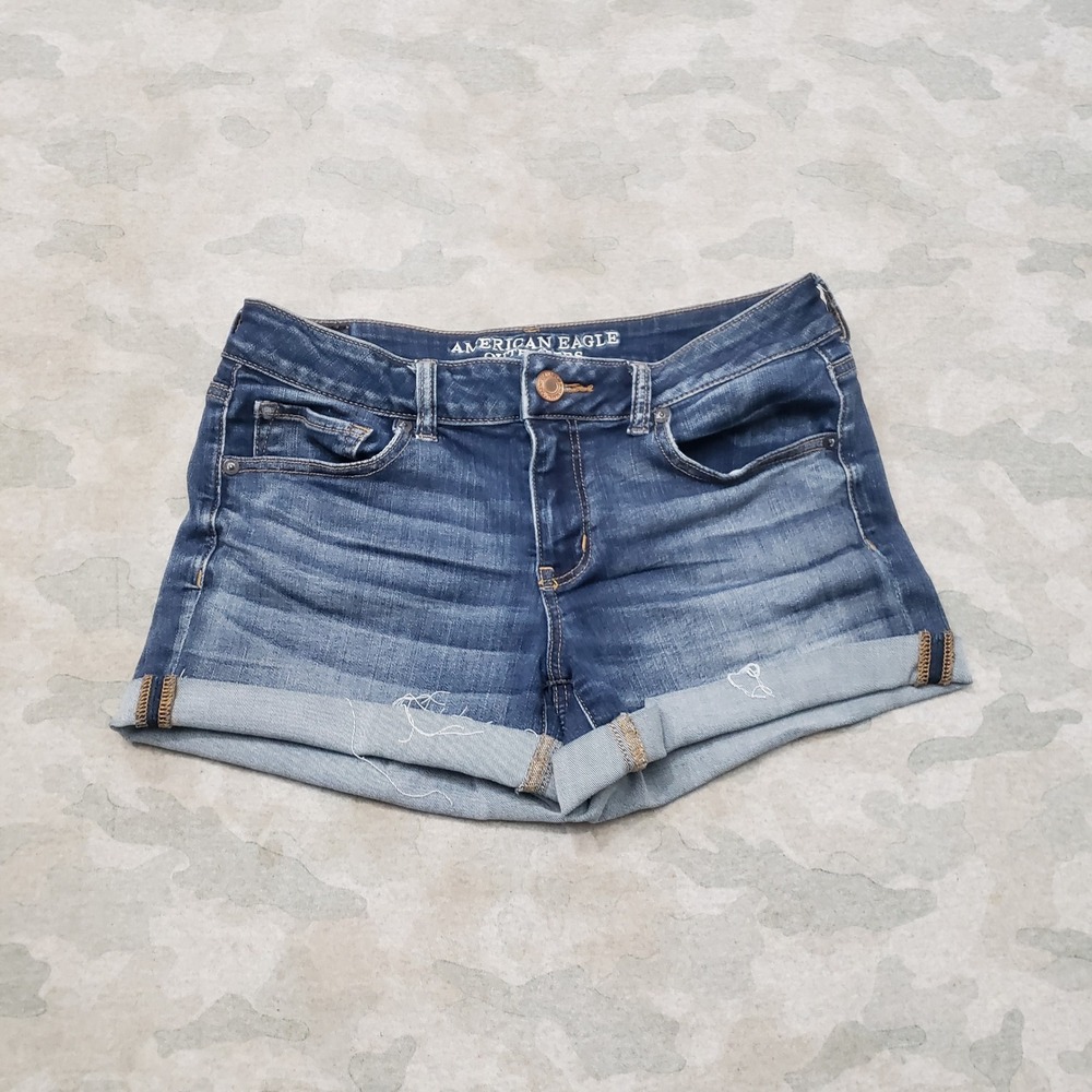American Eagle Midi Shorts Women 10 Blue Super Super Stretch Cuffed Denim Midi